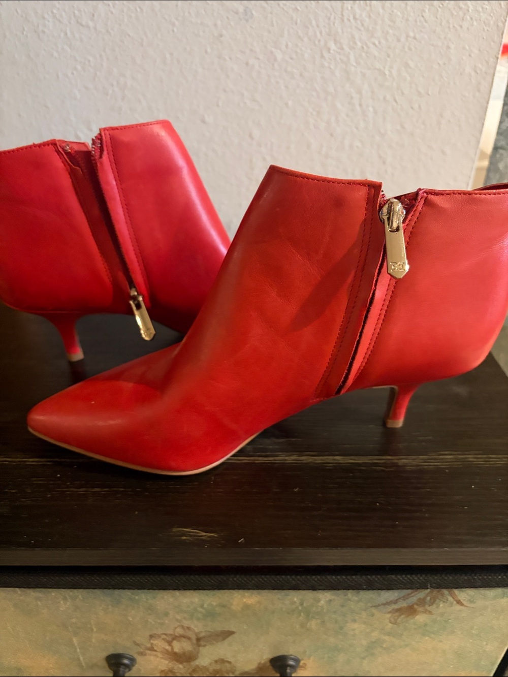 Sam Edelman Red Leather Pointed Ankle Booties with Gold Zip Pull